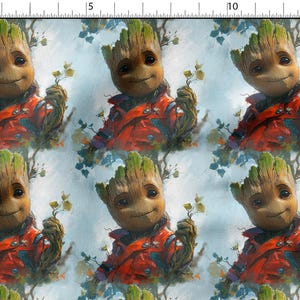 May include: Fabric featuring a repeating pattern of the character Groot from Guardians of the Galaxy. Groot is depicted with a smiling expression, wearing a red jacket, and holding a small plant. The background is a light blue with floral accents.