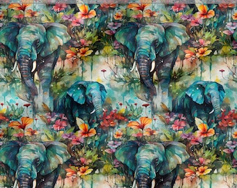 Tecido de algodão com estampa de elefante: Tecido de elefantes com estampa ecológica, material de costura de alta qualidade, por metro, 150 cm/60" de largura