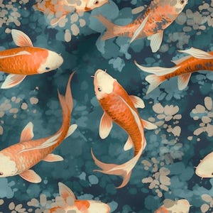May include: A repeating pattern of orange and white koi fish swimming in a teal blue water background. The fish have detailed fins and are swimming in different directions. The background has white and light blue floral accents.