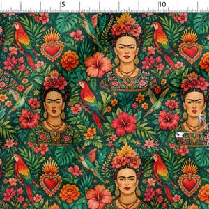 May include: A fabric pattern featuring a repeating illustration of a woman with a floral headpiece, red parrots, hummingbirds, and sacred hearts on a dark green background. A metal ruler is visible at the top, measuring 13 inches in width.