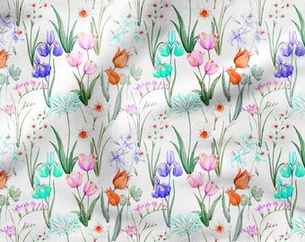 MEADOW TULIPS Cotton 100%, Eco-print, Printed Cotton Fabric Flowers TULIPS Fabric, High Quality By The Yard Metre Width 150cm /60"