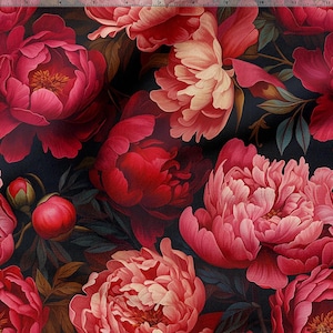 Tessuto in cotone 100% con stampa ecologica, motivo floreale con peonie rosse, tessuto di alta qualità, tagliato su misura, larghezza al metro 150 cm / 60"
