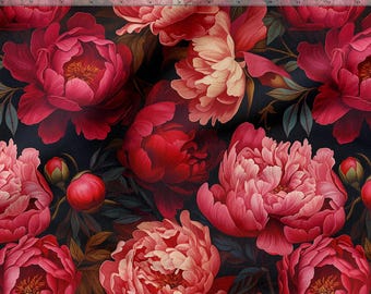 Peony Flowers Cotton 100%, Eco-print Fabric, Red Peony Printed Cotton Floral Fabric, High Quality Fabric, By The Yard Metre Width 150cm /60&quot;