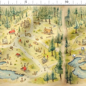 Op de afbeelding: Waterverfillustratie van een fantasiekaart met wegen, huizen en een rivier. De kaart toont een gedetailleerd landschap met bomen, gebouwen en kleine figuren, allemaal weergegeven in zachte, aardse tinten.