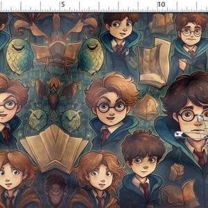 Op de afbeelding: Een herhalend patroon met cartoon illustraties van een jongen met een bril, boeken, uilen en andere magische wezens. Het kleurenpalet bevat tinten blauw, bruin en goud, wat een grillig en betoverend ontwerp creëert.