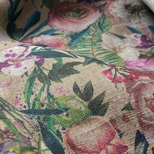 Linen fabric Exotic Flowers Beige in melange, Softened linen for sewing By The Yard Metre Width 150cm /60"