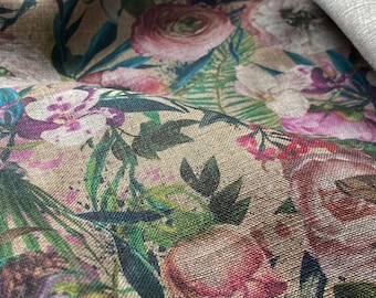 Linen fabric Exotic Flowers Beige in melange, Softened linen for sewing By The Yard Metre Width 150cm /60"