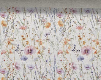 Linen fabric Floral Pattern, Wildflowers, Beige in melange, Softened linen for sewing By The Yard Metre Width 150cm /60"