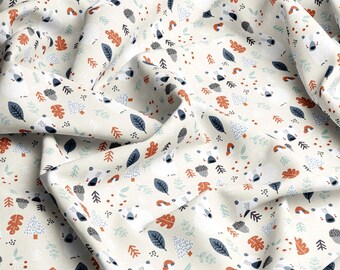 Tessuto in VISCOSA Forest 100% Viscosa Eco-print, Tessuto in Viscosa con Animali della Foresta per Bambini Leggero e Delicato, Tagliato su Misura, Larghezza al Metro 145 cm/57"