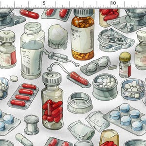 Könnte beinhalten: Eine Illustration verschiedener verschreibungspflichtiger Medikamente, darunter Kapseln, Pillen und Flaschen. Das Bild zeigt rote und weiße Kapseln, weiße Pillen und bernsteinfarbene und klare Glasflaschen mit Etiketten. Das Design hat einen Vintage-Stil.