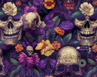 May include: A dark floral pattern with skulls, roses, and other flowers in purple, orange, and cream. The skulls have detailed features and are surrounded by lush foliage. The design has a gothic or Halloween theme.