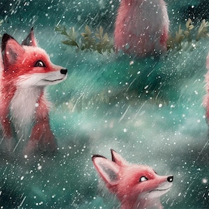 Może przedstawiać: Powtarzający się wzór czerwonych lisów z białymi piersiami i czarnymi końcówkami uszu na tle zielono-turkusowym. Lisy są przedstawione w stylu akwarelowym, ze śnieżnym efektem nakładającym się na scenę.