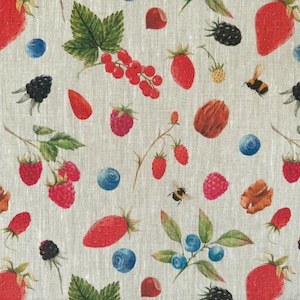 Linen fabric Forest Fruits Beige in melange, Softened linen for sewing By The Yard Metre Width 150cm /60"