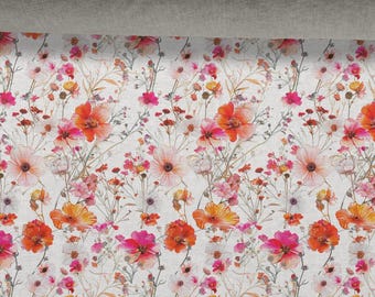 Linen fabric 100%, Floral Pattern, Wildflowers, Beige in melange, Softened linen for sewing By The Yard Metre Width 150cm /60"