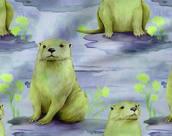 Cute Otter Cotton 100%, Eco-print, Printed Cotton Fabric, Friendly Otters Fabric, High Quality, By The Yard Metre Width 150cm /60"