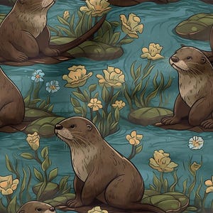 May include: A repeating pattern featuring cartoon otters in a pond setting. The otters are brown with light-coloured bellies, sitting on lily pads. Yellow and white flowers and green foliage are scattered throughout the teal-coloured water.