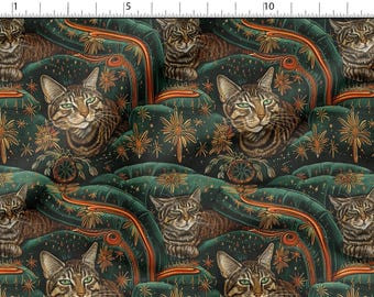 May include: A repeating pattern featuring brown tabby cats with green eyes, set against a dark green background with gold and orange decorative elements. The cats are nestled on ornate, curved shapes.