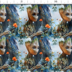 May include: Fabric featuring a repeating pattern of Groot from Guardians of the Galaxy. The design shows Groot with a wooden appearance, surrounded by orange flowers and leafy vines against a blue and gray background.