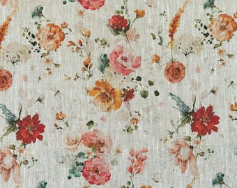 Linen fabric Flowers, Autumn Flowers Fabric Beige in melange, Softened linen for sewing By The Yard Metre Width 150cm /60"