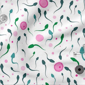 Könnte beinhalten: Weißer Stoff mit einem sich wiederholenden Muster aus teal- und grünen spermienartigen Formen und rosa Kreisen. Kleine silberne Objekte, darunter eine Münze, Sicherheitsnadeln und ein Knopf, sind verstreut.