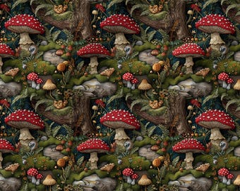 May include: A repeating pattern featuring red and white spotted toadstools with brown stems, set against a backdrop of green moss, rocks, and tree trunks. The design evokes a whimsical forest theme.