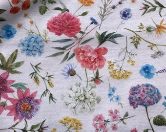 Baumwolljersey winzige Wiese, Eco-print, Sommer Wiese Blumen Stoff, dehnbar, Meterware Meterware 145 cm