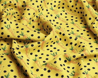 Tejido de viscosa Zanahorias 100% viscosa con estampado ecológico, lunares, para niños, ligero y delicado, corte a medida, ancho 145 cm.