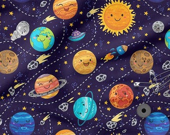 May include: A whimsical space-themed pattern featuring smiling planets, stars, rockets, and comets on a dark blue background. The design includes planets with rings, moons, and a sun, creating a fun and colorful illustration.
