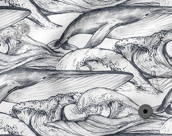 Whales and waves Cotton Fabric 100%, Eco-print, Printed Cotton Fabric, Watercolor Sea Fabric, High Quality By The Yard Metre Width 150cm/60"