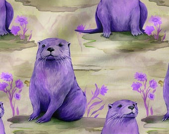 Cute Otter Cotton 100%, Eco-print, Printed Cotton Fabric, Friendly Otters Fabric, High Quality, By The Yard Metre Width 150cm /60"