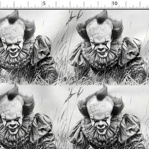 May include: Monochrome fabric depicting a scary clown in a field of grass. The clown has a sinister expression, wearing a ruffled collar and makeup. The fabric is suitable for various crafting projects, with measurements in centimetres.