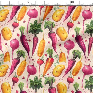 May include: A watercolour pattern of various vegetables, including carrots, potatoes, beetroot, and radishes. The vegetables are in shades of purple, orange, yellow, and red, with green tops, on a cream background.