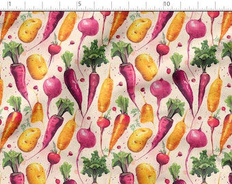 May include: Watercolor pattern featuring a variety of vegetables, including carrots, potatoes, beets, and radishes. The vegetables are in shades of purple, orange, yellow, and red, with green tops, scattered on a cream background.