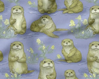 Cute Otter Cotton 100%, Eco-print, Printed Cotton Fabric, Otters Fabric, High Quality Fabric, By The Yard Metre Width 150cm /60"