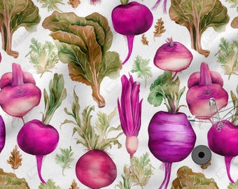 May include: Watercolor illustration of various root vegetables, including purple turnips and radishes, with green leaves and brown accents. The design is repeated across a white background, creating a pattern suitable for fabric or wallpaper.