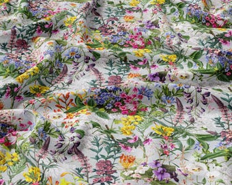Summer Meadow Flowers Linen 100%, Eco-print, Printed Linen fabric Flowers Fabric Softened linen for sewing By The Yard Metre Width 150cm/60"
