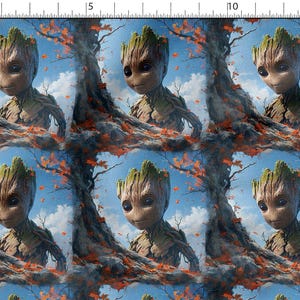 May include: Fabric featuring a repeating pattern of the character Groot from Guardians of the Galaxy. The design shows Groot in a forest setting with a blue sky, trees, and orange leaves. The artwork has a painterly style.