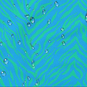 May include: Close-up of a blue and green patterned fabric with a water-repellent design. The fabric features a repeating zebra-like pattern in shades of blue and green. Water droplets are scattered across the surface, highlighting the fabric's water resistance.