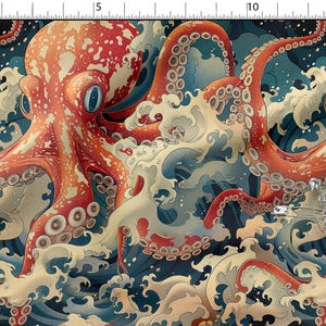 Peut inclure: Un motif de tissu représentant une pieuvre stylisée dans des tons de rouge, orange et blanc sur un fond d'ondes bleues. La pieuvre a de grands yeux et de multiples tentacules, créant un motif dynamique sur le thème de l'océan.
