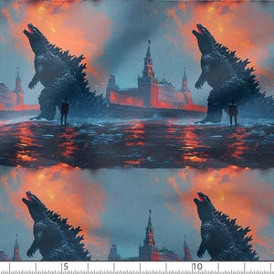 May include: A repeating pattern featuring a large, dark gray Godzilla-like monster roaring against a backdrop of a red and orange sunset. The monster is standing in front of a building with a red roof and white columns. The building is reminiscent of the Kremlin in Moscow, Russia.