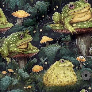 Peut inclure: Illustration fantaisiste de grenouilles vertes aux ventres jaunes et aux yeux roses, perchées sur des chapeaux de champignons. L'arrière-plan est une forêt sombre avec un feuillage vert luxuriant et de petits champignons orange.