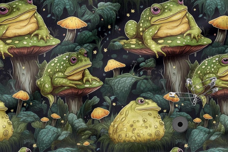 May include: A whimsical illustration featuring green frogs with yellow bellies and pink eyes, perched on mushroom caps. The background is a dark forest with lush green foliage and small orange mushrooms.