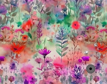 Watercolor Meadow Cotton 100%, Eco-print Fabric, Printed Cotton Floral Fabric, High Quality Fabric, By The Yard Metre, Width 150cm /60"