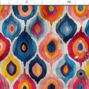 Op de afbeelding: Kleurrijke stof met een herhalend patroon van druppelvormen in blauw, oranje, roze en geel. De stof heeft een getextureerde uitstraling. Veiligheidsspelden en een garenklos zijn zichtbaar.