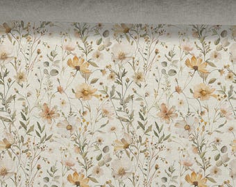 Linen fabric 100%, Floral Pattern, Wildflowers, Beige in melange, Softened linen for sewing By The Yard Metre Width 150cm /60"