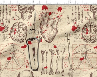 May include: Anatomical-themed fabric featuring illustrations of the human heart, brain, bones, and a Vitruvian Man figure, with red blood splatters and handwritten script on a beige background. Includes surgical tools and a ruler with inch measurements.