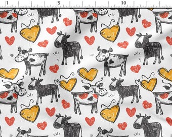 Doodled Cows and Hearts Cotton Fabric 100%, Eco-print, Printed Cotton Fabric, Cows Fabric, High Quality, By The Yard Metre Width 150cm /60"