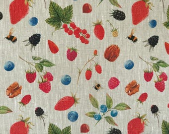 Linen fabric Forest Fruits Beige in melange Eco-print Bumblebees linen Softened linen for sewing By The Yard Metre Width 150cm/60"