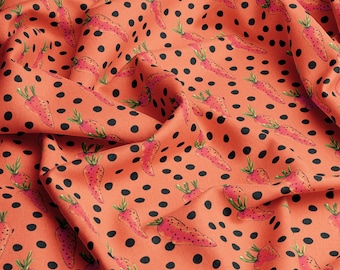 Tejido de viscosa Zanahorias 100% viscosa con estampado ecológico, lunares, para niños, ligero y delicado, corte a medida, ancho 145 cm.