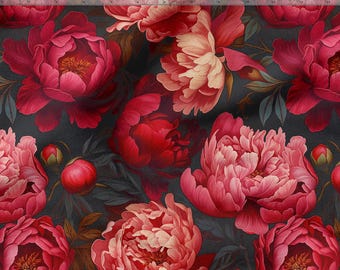 Peony Flowers Cotton 100%, Eco-print Fabric, Red Peony Printed Cotton Floral Fabric, High Quality Fabric, By The Yard Metre Width 150cm /60"